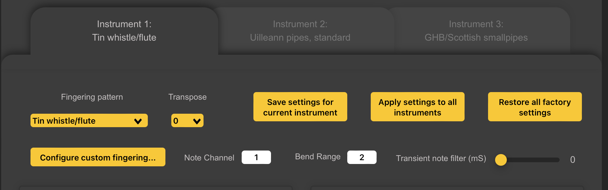 Instrument Settings Tabs